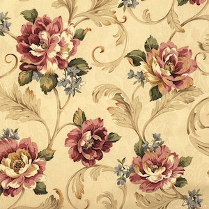 K&ouml;nnte beinhalten: Ein sich wiederholendes Blumenmuster mit gro&szlig;en, burgunderfarbenen und cremefarbenen Bl&uuml;ten, goldenen Bl&auml;ttern und kleinen blauen Bl&uuml;ten. Das Design hat einen cremefarbenen Hintergrund und einen klassischen, Vintage-Stil. Geeignet f&uuml;r Tapeten oder Stoff.