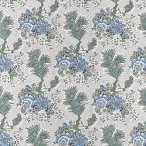 May include: A repeating fabric pattern featuring clusters of blue flowers and green feathery foliage on a light gray background with a subtle dotted texture. The design includes stylized botanical elements arranged in a symmetrical layout.