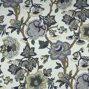 Blue Jacobean Floral Cotton Drapery Pillow Upholstery Fabric: Belle Maison Hawthorne Seamist - By the Yard