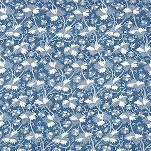 May include: A repeating pattern of white leaves and vines on a blue background. The leaves have a detailed, textured appearance, and the vines create a flowing, organic design. The fabric has a slightly textured look.
