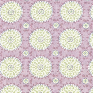 May include: A repeating pattern featuring large, circular designs with a floral motif in shades of green, blue, and purple. The circles are set against a light purple background with a subtle, textured appearance. The design is reminiscent of a watercolor painting.