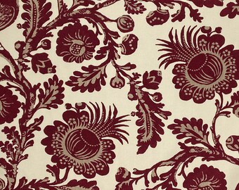 Cotton Twill Jacobean Floral Pheasant Bird DEEP BURGUNDY Curtain Drapery Valance Pillow Upholstery Sewing Fabric - Sold by the yard