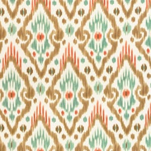 May include: A white fabric with a brown, teal, and coral ikat pattern. The pattern is a repeating design of diamonds and swirls.