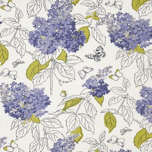 May include: A floral pattern featuring clusters of purple hydrangeas and delicate butterflies on a white background. The design includes green leaves and stems, with black outlines adding detail to the flowers and butterflies.