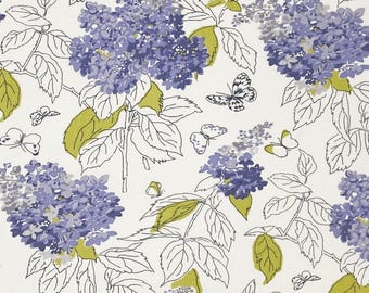 May include: A floral pattern featuring clusters of purple hydrangeas and delicate butterflies on a white background. The design includes green leaves and stems, with black outlines adding detail to the flowers and butterflies.