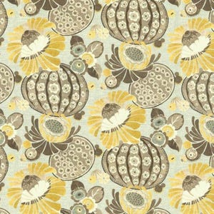 May include: A repeating pattern of stylized flowers and seed pods in shades of yellow, brown, and gray on a light blue background. The design features large, round floral elements and smaller, detailed blossoms, creating a vintage aesthetic.