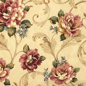 K&ouml;nnte beinhalten: Blumenmuster Tapete. Gro&szlig;e, stilisierte Pfingstrosen in Burgunder-, Rosa- und Gelbt&ouml;nen, akzentuiert mit kleinen blauen Bl&uuml;ten und gr&uuml;nen Bl&auml;ttern. Der Hintergrund ist cremefarben, mit Ranken und Blattdetails.