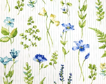Blauwe katoenen bloemengordijngordijnkussen bekledingsstof: Covington Giardini Bluebell - op maat knippen