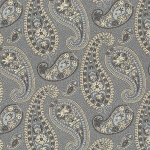 May include: A repeating pattern of paisley shapes in grey, beige, and blue. The design features detailed floral and teardrop elements, creating a classic and elegant textile pattern. Ideal for fabric, wallpaper, or other decorative uses.