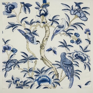 Blue Far East Floral Bird Linen Memo Sample Fabric - Retired Thibaut Giselle - 26" Square