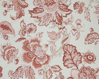 Coral Pink Jacobean Floral Linen Drapery Upholstery Pillow Fabric: P Kaufmann - 1.75 Yards