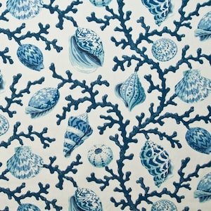 P Kaufmann SEA SHELL BRANCH Blue Pacific Home Decor Cotton Drapery Upholstery Pillow Remnant Sewing Fabric - One Yard Piece