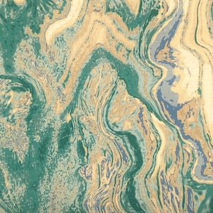 May include: Abstract marbled paper with swirling patterns in shades of green, beige, and blue.