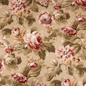 May include: A floral pattern featuring large, detailed roses in shades of pink and burgundy, interspersed with green and brown leaves. The background is a neutral beige, creating a vintage, romantic aesthetic. The design is suitable for fabric or wallpaper.