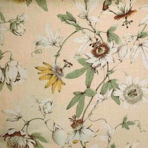 Pastellblommigt linnegardin, kuddeklädsel: P Kaufmann Country Cottage Blush, måttbeställd