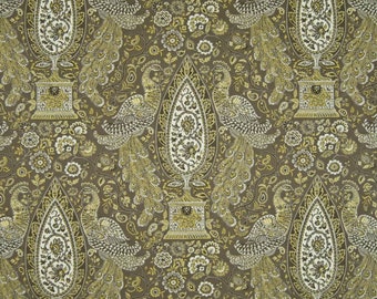 Tela de algodón marrón con estampado floral de pavo real para cortinas y tapicería de cojines: Waverly Jewel Tower Dandelion - cortada a medida