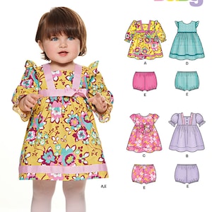 May include: Sewing pattern for a baby dress and bloomers. The pattern includes four different styles of dresses and bloomers. The pattern number is 6316. The pattern is from New Look.