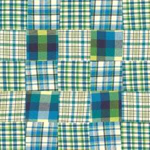 May include: A patchwork design featuring squares of plaid fabric in shades of blue, green, and cream. The pattern is a mix of various plaid styles, creating a visually interesting and textured effect. The overall theme is a textile or fabric design.