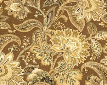 Tela de lino con estampado floral jacobino marrón para tapicería y almohadas - Mill Creek Valdosta Rodeo Cliffside (cortada a medida)