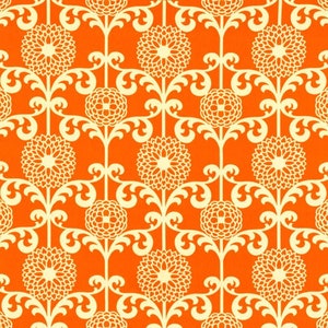 May include: A seamless pattern featuring a repeating design of stylized flowers in a cream color on an orange background.