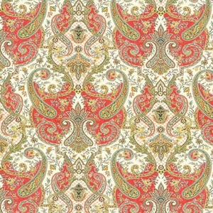 May include: A repeating pattern featuring large paisley shapes in red, yellow, and green on a cream background. The design includes floral and scroll elements, creating a detailed and ornate textile pattern.