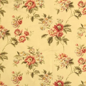 May include: A floral pattern fabric featuring a repeating design of red and pink roses, white daisies, and green leaves on a pale yellow background. The fabric has a vintage, romantic aesthetic, suitable for various craft projects.
