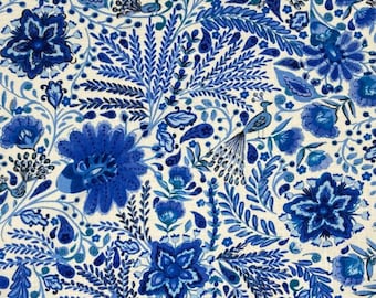 Dena Designs PEACEFUL PERCH Floral Peacock BLUEBERRY Blue Drapery Pillow Remnant Sewing Fabric - One Yard piece