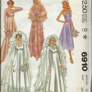 May include: A vintage McCall's sewing pattern for a wedding dress. The pattern includes four different styles of dresses, including a long-sleeved gown with a lace trim, a sleeveless gown with a scoop neck, and a gown with a cape. The pattern is for size 10 and has a bust measurement of 32 1/2 inches. The pattern is from Norton Simon Inc. Company and costs $2.50.