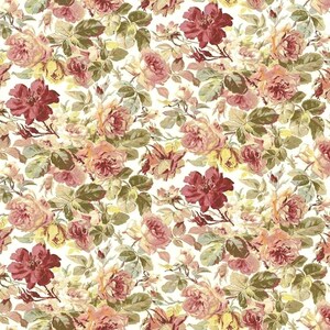May include: A floral pattern featuring roses in shades of burgundy, pink, and yellow, set against a white background. The design includes detailed leaves in green and olive tones, creating a vintage, romantic aesthetic. This pattern is suitable for fabric or wallpaper.