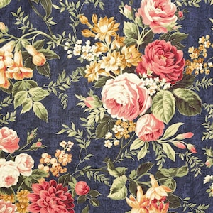 Richloom Vintage bloemen MARINEBLAUW woondecoratie draperie bekleding kussen naaistof - op maat gesneden verkocht