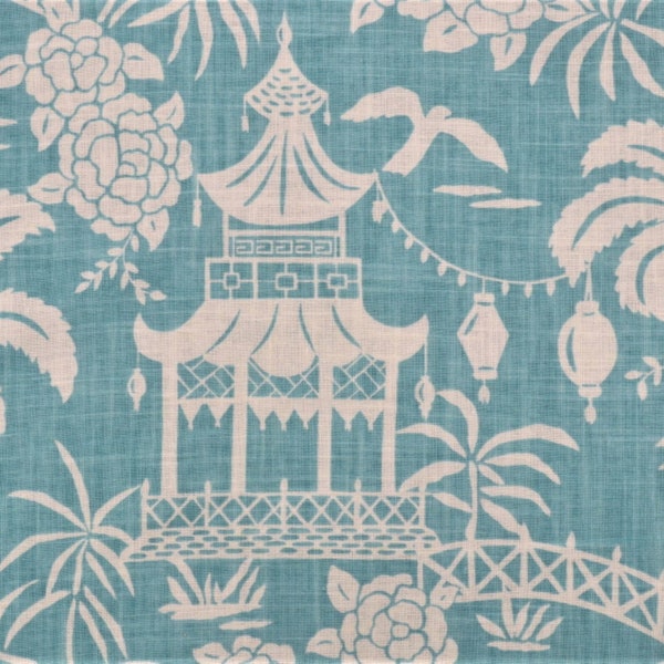 Tempos MOON PAGODA Asian AEGEAN Chinoiserie Palm Trees Upholstery Drapery Curtain Valance Sewing Remnant Craft Fabric - 1 1/4 Yard Piece