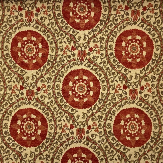 Medallion SPICE Chenille Furniture Ottoman Bench Cushion Upholstery Pillow Fabric - By the Yard