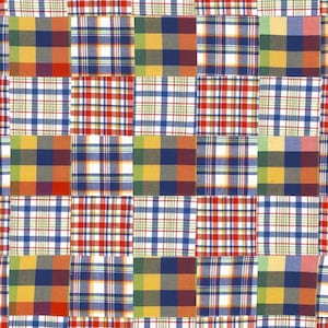 May include: A patchwork pattern featuring a grid of squares with various plaid designs. The squares showcase a mix of colors, including red, blue, yellow, green, and white, creating a vibrant and textured appearance. The overall design is reminiscent of a quilt.