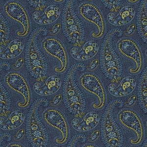 May include: A seamless pattern featuring a repeating design of paisley shapes in shades of blue and green on a dark blue background.