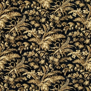 May include: A dark navy fabric with a repeating floral pattern in shades of tan and cream. The design features stylized flowers, leaves, and foliage, creating a classic, botanical aesthetic. The fabric has a textured appearance.