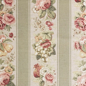 May include: Floral fabric with vertical stripes in beige and light green. The design features bouquets of roses, grapes, and pears in shades of pink, red, and yellow. The fabric has a vintage, classic aesthetic.