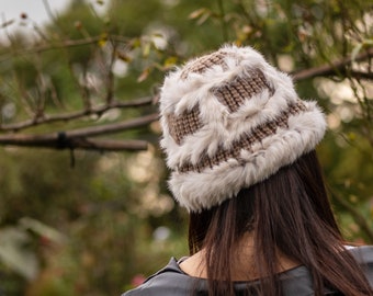 Fluffy Beanie, Faux Fur Winter Hat, Bucket Vegan Fur Hat, Stylish Faux Fur Hat