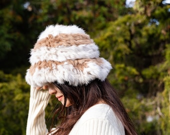 Chic Winter Fur Hat Knit Beanie, Elegant Winter Headwear, Stylish Cold-Weather Accessory, Sleek Fur Hat, Black & White Fur Beanie