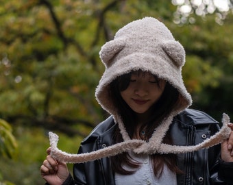 Gorro acogedor con orejas de oso, gorro de lana tejido a ganchillo, pasamontañas de punto para invierno