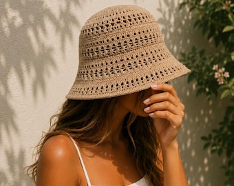 Crochet Bucket Hat, Summer Beach Breathable Vacation Knit Sun Hat, Coastal Gift for Her