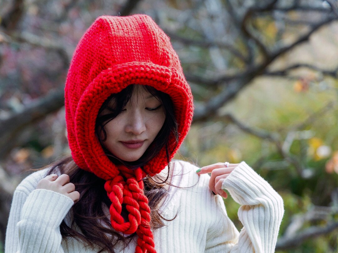 Knitted Red Winter Hat With Braids Red Winter Beanie Warm Etsy