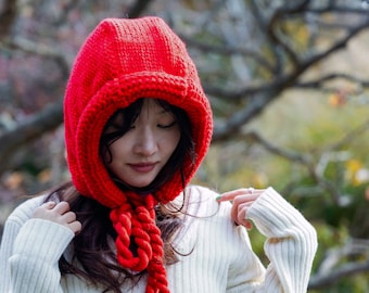 Knitted Red Balaclava with Braids, Warm Crochet Beanie Bonnet For Her Cozy Winter Hat