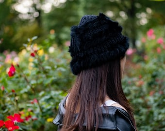 Winter Furry Bucket Hat in Black Color, Everyday Fluffy Beanie, Faux Fur Winter Hat, Bucket Vegan Fur Hat, Stylish Faux Fur Hat