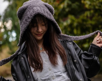 Bear Ears Crochet Beanie Hat, Wool Crochet Bonnet, Knit Balaclava Cozy Gift for Her