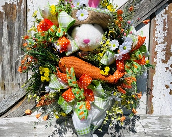 Easter Bunny Wreath, Carrot Wreath, Spring Front Door DecorEaster Front Door wreath, Easter Decorations, Krazy Mazie Kreations