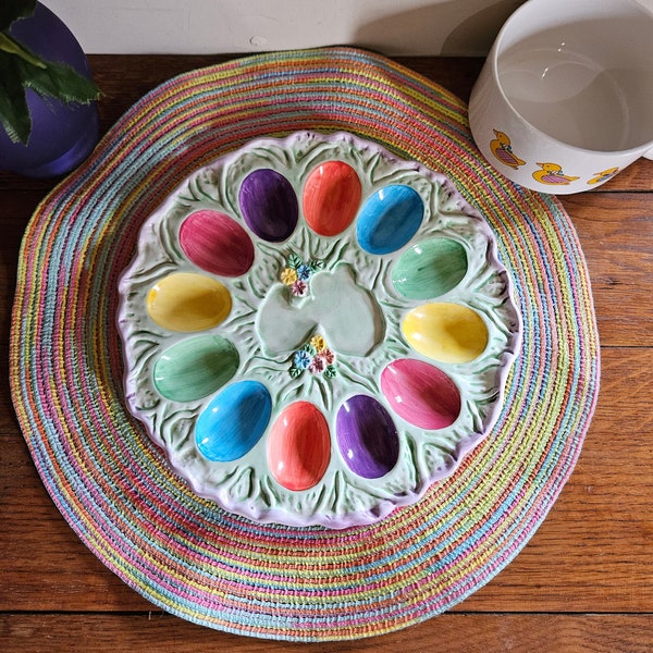 Vintage Ceramic Deviled Egg Plate Easter Pastel Rainbow