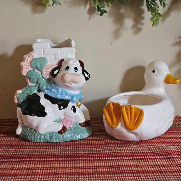 Set Of 2 Vintage Ceramic Planters Cow Duck Kitschy Farm Animals Kitsch