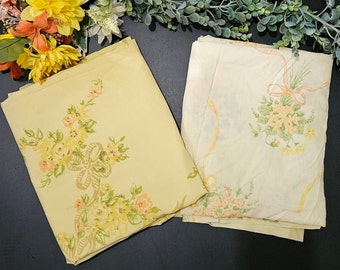 Set Of 2 Vintage Double Full Flat Sheets Yellow Floral Bedding Orange Flowers