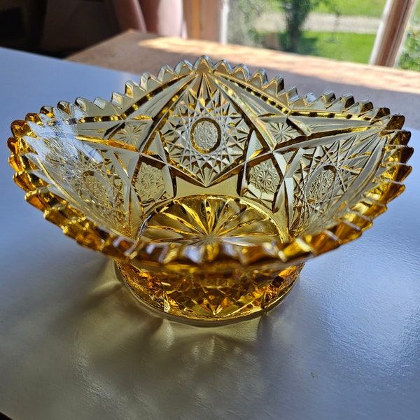 Vintage L E Smith #119 Jove Amber Glass Mayonnaise Candy Nut Bowl Dish with Sawtooth Rim and Sunburst Pattern