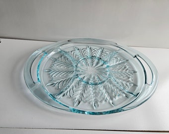 Vintage Jeannette Glass Ice Blue Depression Feather Divided Relish Platter Tray